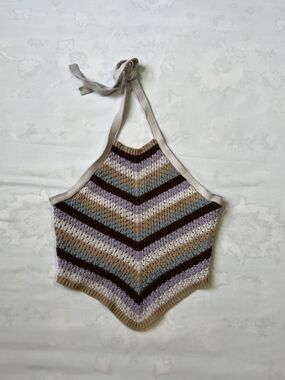 Forever 21 Crochet Halter Top Medium Multi Color‎ Chevron Stripe Boho Knit Tank